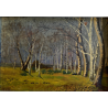 ANTICO QUADRO DIPINTO OLIO TAVOLA PAESAGGIO BOSCHIVO AUTUNNALE BOSCO BETULLE 900