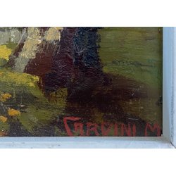 ANTICO QUADRO DIPINTO OLIO TAVOLA PAESAGGIO BOSCHIVO AUTUNNALE BOSCO BETULLE 900