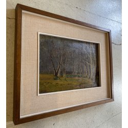 ANTICO QUADRO DIPINTO OLIO TAVOLA PAESAGGIO BOSCHIVO AUTUNNALE BOSCO BETULLE 900