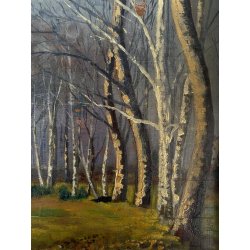 ANTICO QUADRO DIPINTO OLIO TAVOLA PAESAGGIO BOSCHIVO AUTUNNALE BOSCO BETULLE 900