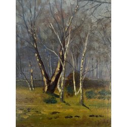 ANTICO QUADRO DIPINTO OLIO TAVOLA PAESAGGIO BOSCHIVO AUTUNNALE BOSCO BETULLE 900