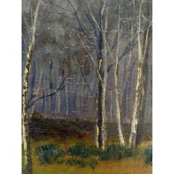 ANTICO QUADRO DIPINTO OLIO TAVOLA PAESAGGIO BOSCHIVO AUTUNNALE BOSCO BETULLE 900