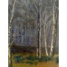 ANTICO QUADRO DIPINTO OLIO TAVOLA PAESAGGIO BOSCHIVO AUTUNNALE BOSCO BETULLE 900