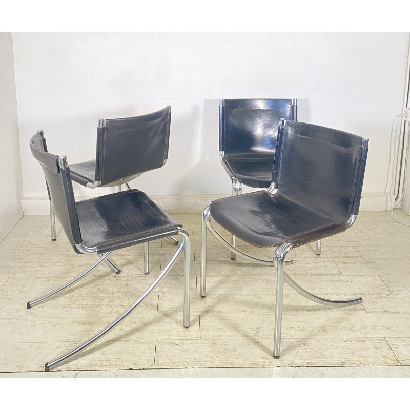 SET 4 SEDIA Giotto Stoppino MOD. Jot DESIGN ACCIAIO CROMATO CUOIO ANNI 70