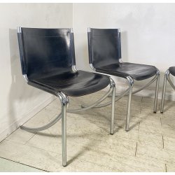 SET 4 SEDIA Giotto Stoppino MOD. Jot DESIGN ACCIAIO CROMATO CUOIO ANNI 70