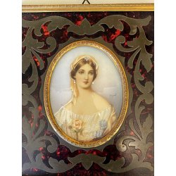 antica MINIATURA ritratto femminile PREZIOSA CORNICE INTARSIATA impero '800