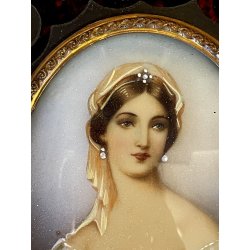 antica MINIATURA ritratto femminile PREZIOSA CORNICE INTARSIATA impero '800