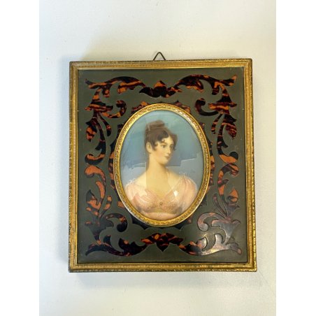 antica MINIATURA dipinto femminile CORNICE PREZIOSA INTARSIATA impero '800