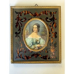 MINIATURA antica RITRATTO femminile PREZIOSA CORNICE INTARSIATA impero '800