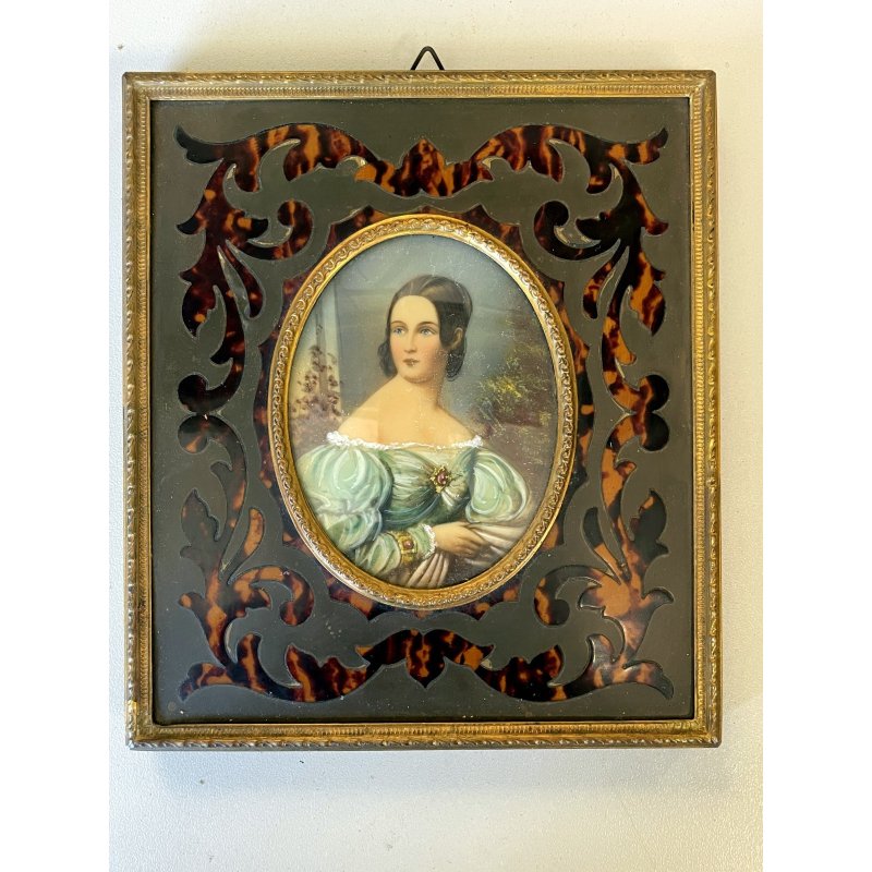 MINIATURA antica RITRATTO femminile PREZIOSA CORNICE INTARSIATA impero '800