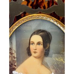 MINIATURA antica RITRATTO femminile PREZIOSA CORNICE INTARSIATA impero '800