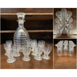 SET LIQUORE ROSOLIO Art Decò CRISTALLO MOLATO RIGHE DECANTER + 12 CALICI 6 cm/h