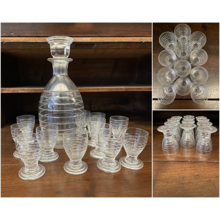 SET LIQUORE ROSOLIO Art Decò CRISTALLO MOLATO RIGHE DECANTER + 12 CALICI 6 cm/h