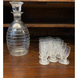 SET LIQUORE ROSOLIO Art Decò CRISTALLO MOLATO RIGHE DECANTER + 12 CALICI 6 cm/h