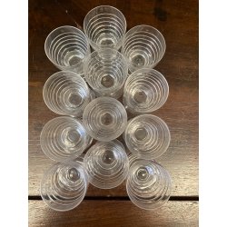 SET LIQUORE ROSOLIO Art Decò CRISTALLO MOLATO RIGHE DECANTER + 12 CALICI 6 cm/h