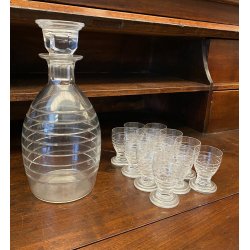 SET LIQUORE ROSOLIO Art Decò CRISTALLO MOLATO RIGHE DECANTER + 12 CALICI 6 cm/h