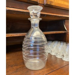 SET LIQUORE ROSOLIO Art Decò CRISTALLO MOLATO RIGHE DECANTER + 12 CALICI 6 cm/h