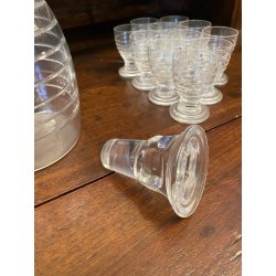 SET LIQUORE ROSOLIO Art Decò CRISTALLO MOLATO RIGHE DECANTER + 12 CALICI 6 cm/h