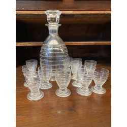 SET LIQUORE ROSOLIO Art Decò CRISTALLO MOLATO RIGHE DECANTER + 12 CALICI 6 cm/h
