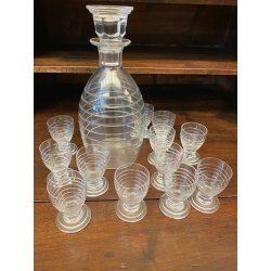 SET LIQUORE ROSOLIO Art Decò CRISTALLO MOLATO RIGHE DECANTER + 12 CALICI 6 cm/h