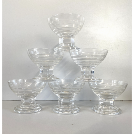 SET 6 COPPETTA Art Decò DESSERT GELATO CRISTALLO MOLATO RIGHE ORIZZONTALI ø9,7cm