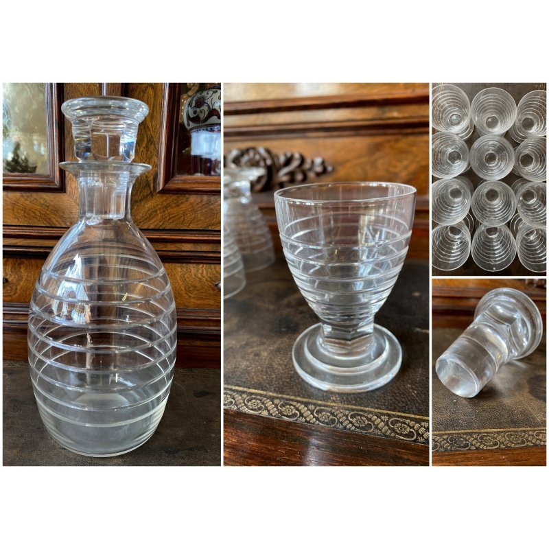 SET LIQUORE ROSOLIO Art Decò CRISTALLO MOLATO RIGHE DECANTER  12 CALICI 7,5 cm/h
