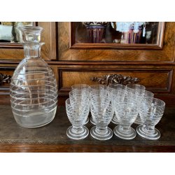 SET LIQUORE ROSOLIO Art Decò CRISTALLO MOLATO RIGHE DECANTER  12 CALICI 7,5 cm/h