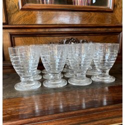 SET LIQUORE ROSOLIO Art Decò CRISTALLO MOLATO RIGHE DECANTER  12 CALICI 7,5 cm/h