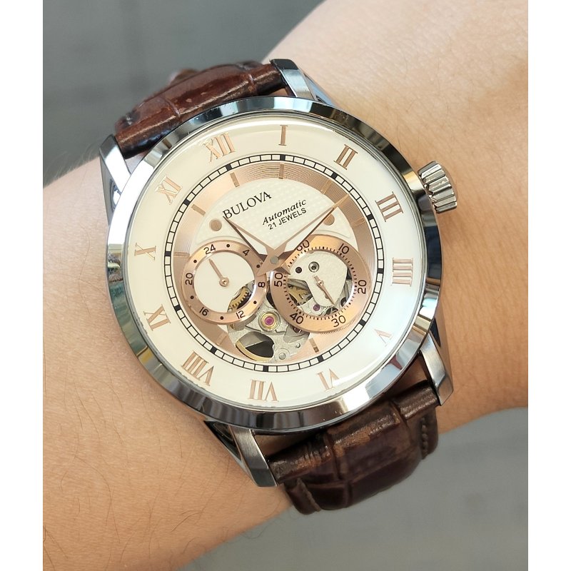 Bulova Automatic Skeleton OROLOGIO POLSO ACCIAIO 21 jewels 96A172 Vintage 24 ORE