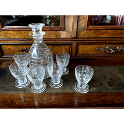 SET LIQUORE ROSOLIO Art Decò CRISTALLO MOLATO RIGHE DECANTER 6 CALICI 9,3 cm/h