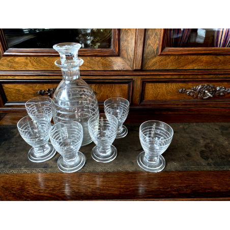 SET LIQUORE ROSOLIO Art Decò CRISTALLO MOLATO RIGHE DECANTER 6 CALICI 9,3 cm/h