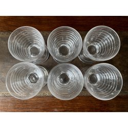 SET LIQUORE ROSOLIO Art Decò CRISTALLO MOLATO RIGHE DECANTER 6 CALICI 9,3 cm/h