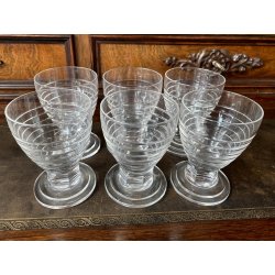 SET LIQUORE ROSOLIO Art Decò CRISTALLO MOLATO RIGHE DECANTER 6 CALICI 9,3 cm/h
