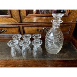 SET LIQUORE ROSOLIO Art Decò CRISTALLO MOLATO RIGHE DECANTER 6 CALICI 9,3 cm/h