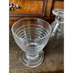 SET LIQUORE ROSOLIO Art Decò CRISTALLO MOLATO RIGHE DECANTER 6 CALICI 9,3 cm/h
