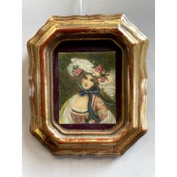 antica MINIATURA dipinto femminile NOBIL DONNA cornice DORATA stile barocco