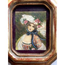 antica MINIATURA dipinto femminile NOBIL DONNA cornice DORATA stile barocco