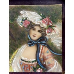 antica MINIATURA dipinto femminile NOBIL DONNA cornice DORATA stile barocco