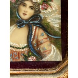 antica MINIATURA dipinto femminile NOBIL DONNA cornice DORATA stile barocco