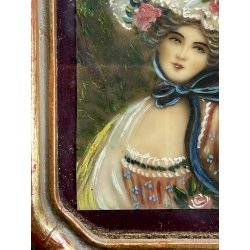 antica MINIATURA dipinto femminile NOBIL DONNA cornice DORATA stile barocco