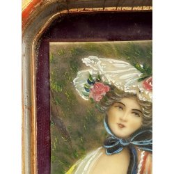 antica MINIATURA dipinto femminile NOBIL DONNA cornice DORATA stile barocco