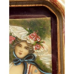 antica MINIATURA dipinto femminile NOBIL DONNA cornice DORATA stile barocco