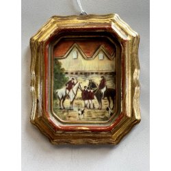 antica MINIATURA dipinto SCENA EQUESTRE di CACCIA cornice DORATA stile barocco