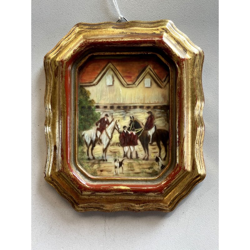antica MINIATURA dipinto SCENA EQUESTRE di CACCIA cornice DORATA stile barocco