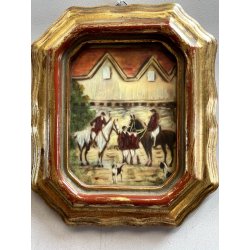 antica MINIATURA dipinto SCENA EQUESTRE di CACCIA cornice DORATA stile barocco