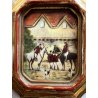 antica MINIATURA dipinto SCENA EQUESTRE di CACCIA cornice DORATA stile barocco