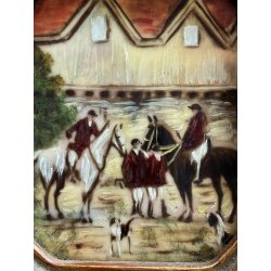 antica MINIATURA dipinto SCENA EQUESTRE di CACCIA cornice DORATA stile barocco