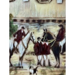 antica MINIATURA dipinto SCENA EQUESTRE di CACCIA cornice DORATA stile barocco