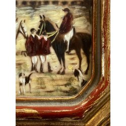 antica MINIATURA dipinto SCENA EQUESTRE di CACCIA cornice DORATA stile barocco