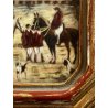 antica MINIATURA dipinto SCENA EQUESTRE di CACCIA cornice DORATA stile barocco